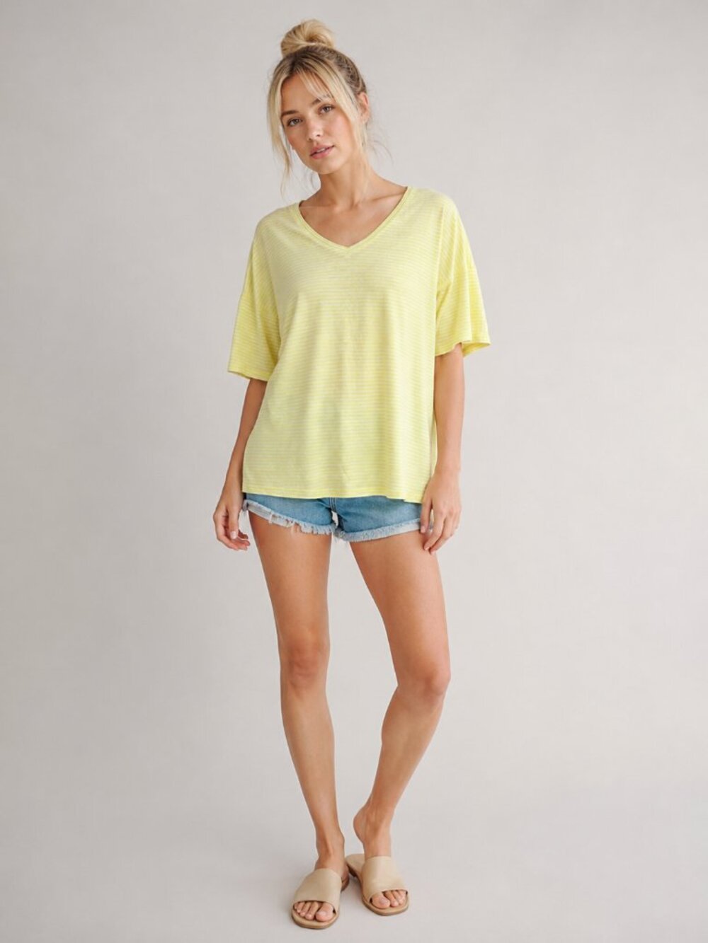 2/$30 Chico's Striped Linen V-Neck Tee 3/4 Sleeve Yellow 8 #A4116